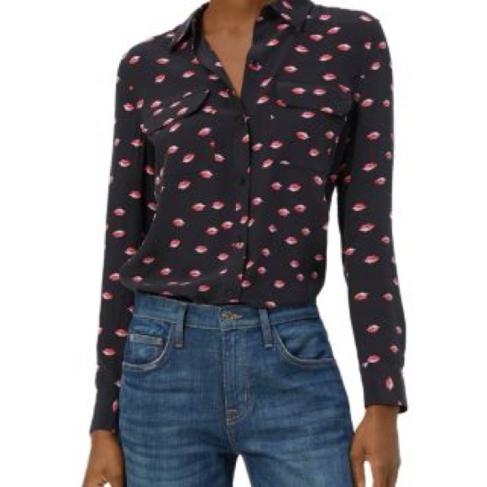 EQUIPMENT SLIM SIGNATURE LIPS PRINT BLOUSE IN BLACK  NWT